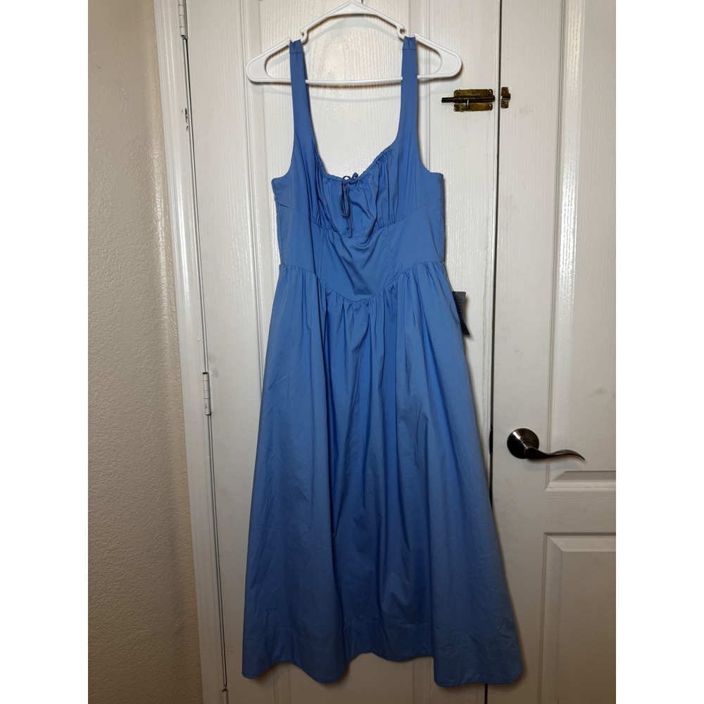 ASTR The Label Blue Poplin Bustier Midi Dress Ruched Tie Front Pockets Size M - Picture 3 of 9